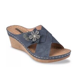 Good Choice Womens 9.5 M Navy Blue Flower Slip On Wedge Sandals NIB SM8